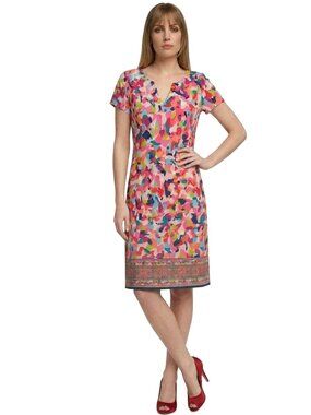 Cappagallo Shift Dress Abstract Print Jersey Knit Colourful Fun V-Neck